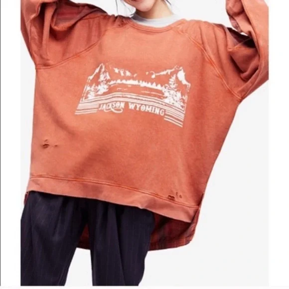 Free People Jackson Wyoming Sweatshirt Size M Oversized Flannel Back Rust/Orange - Picture 1 of 11